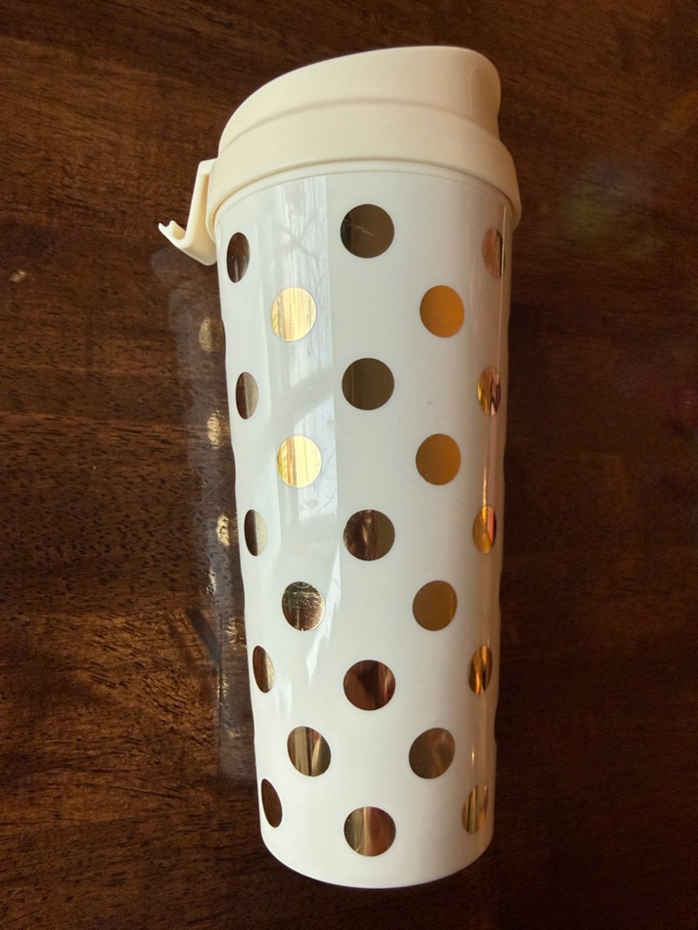 Kate Spade White Travel Tumbler with Gold Polka Dots